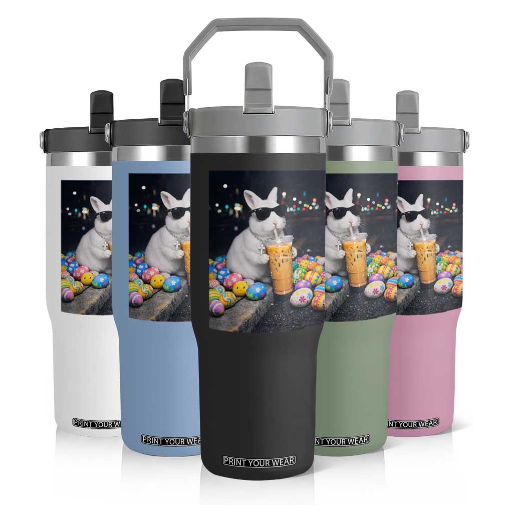 Cool Easter Bunny Drinking Iced Coffee Graphic Flip Straw Tumbler Funny Sunglasses Rabbit Spring Aesthetic TS02 Print Your Wear