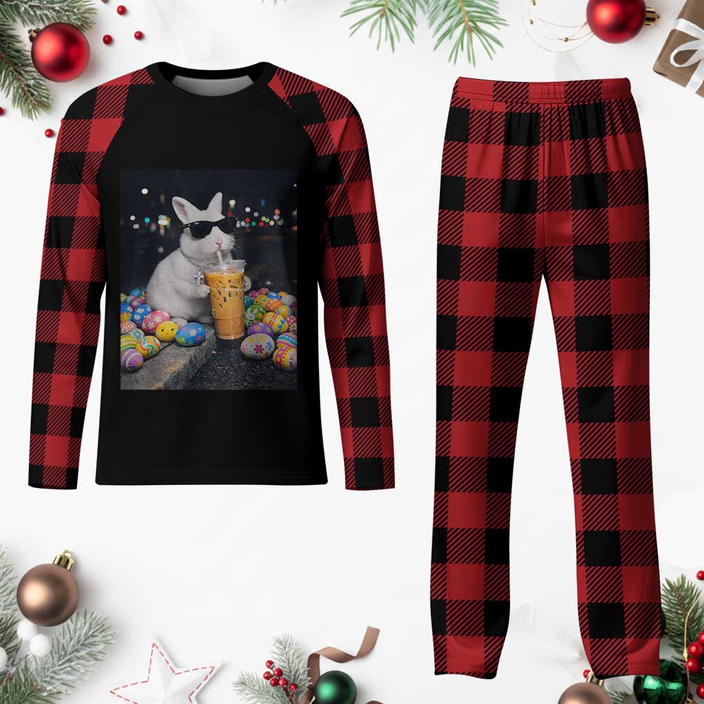 Cool Easter Bunny Drinking Iced Coffee Graphic Plaid Pajama Set Funny Sunglasses Rabbit Spring Aesthetic TS02 Buffalo Plaid Print Your Wear