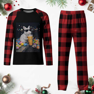 Cool Easter Bunny Drinking Iced Coffee Graphic Plaid Pajama Set Funny Sunglasses Rabbit Spring Aesthetic TS02 Buffalo Plaid Print Your Wear