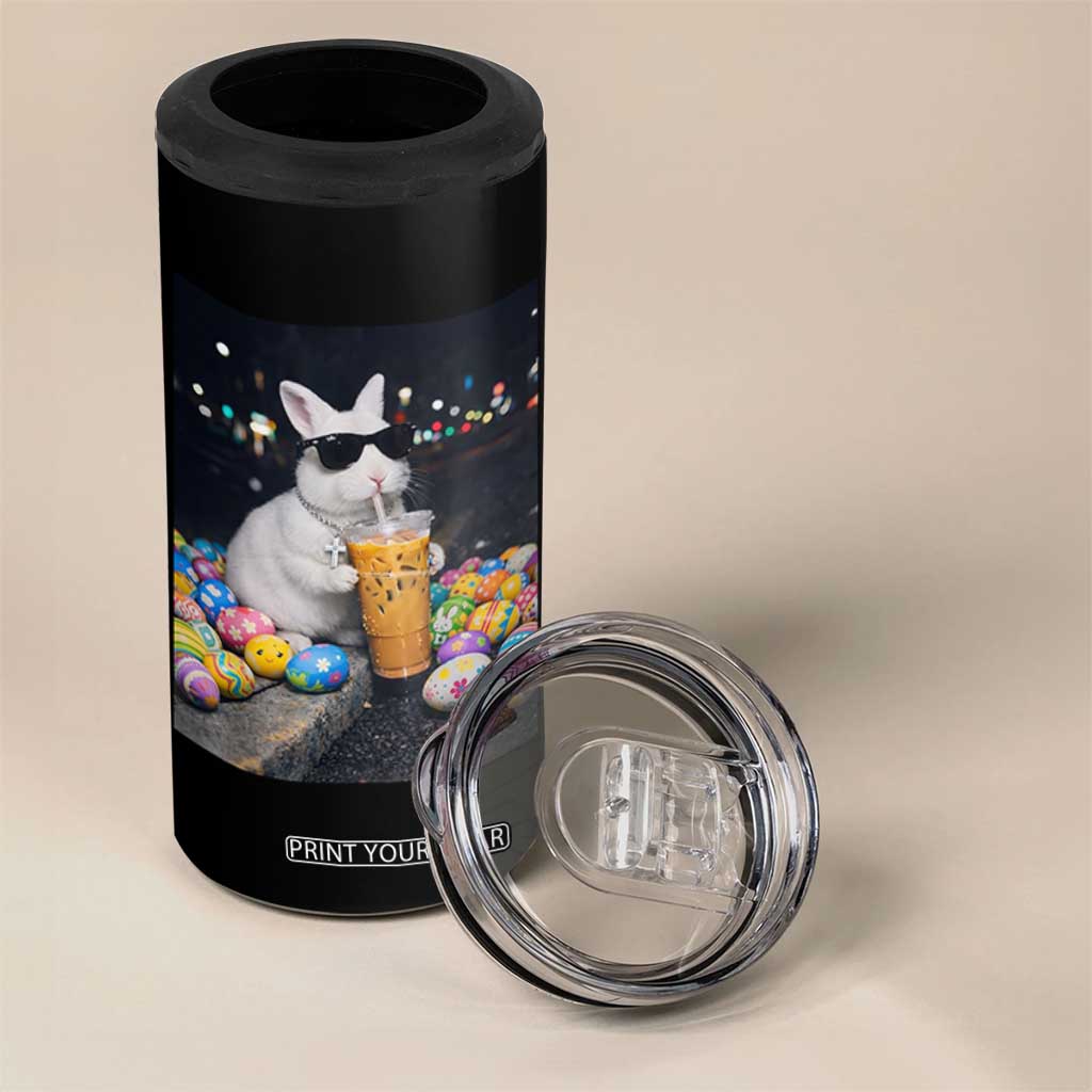 Cool Easter Bunny Drinking Iced Coffee Graphic 4 in 1 Can Cooler Tumbler Funny Sunglasses Rabbit Spring Aesthetic TS02 Print Your Wear