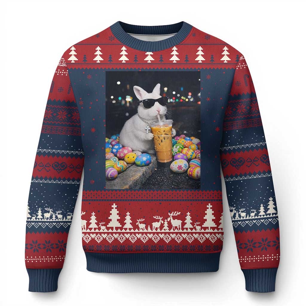 Cool Easter Bunny Drinking Iced Coffee Graphic Ugly Christmas Sweater Funny Sunglasses Rabbit Spring Aesthetic TS02 Navy Red Print Your Wear