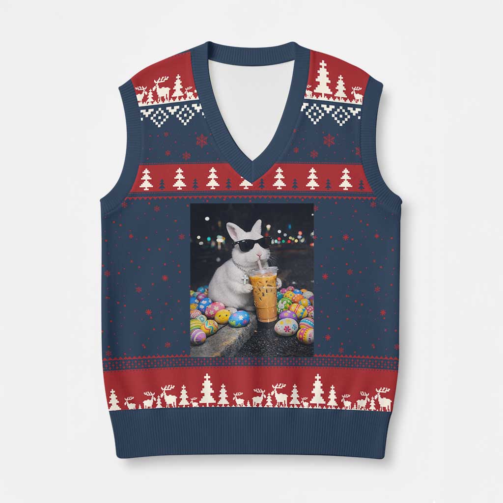 Cool Easter Bunny Drinking Iced Coffee Graphic V-Neck Knit Sweater Vest Funny Sunglasses Rabbit Spring Aesthetic TS02 Navy Red Print Your Wear