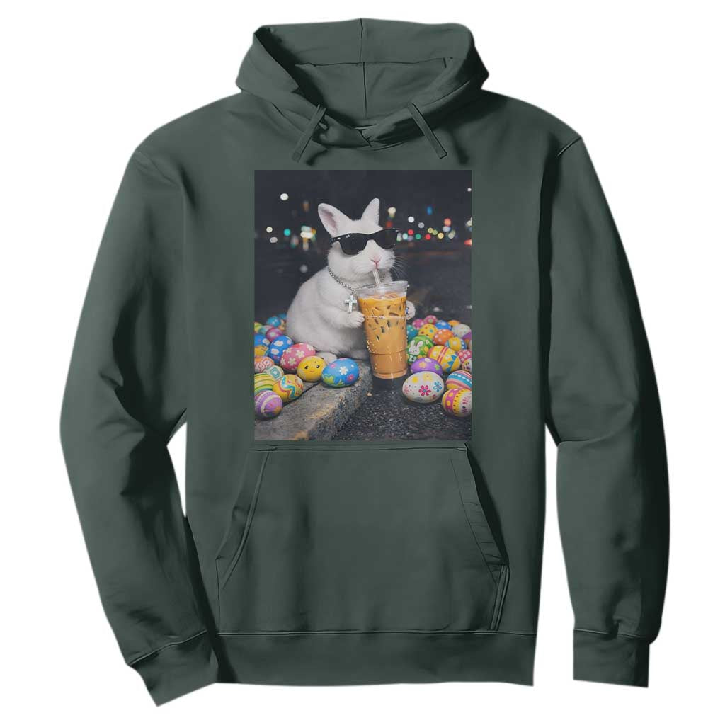 Cool Easter Bunny Drinking Iced Coffee Graphic Hoodie Funny Sunglasses Rabbit Spring Aesthetic TS02 Dark Forest Green Print Your Wear