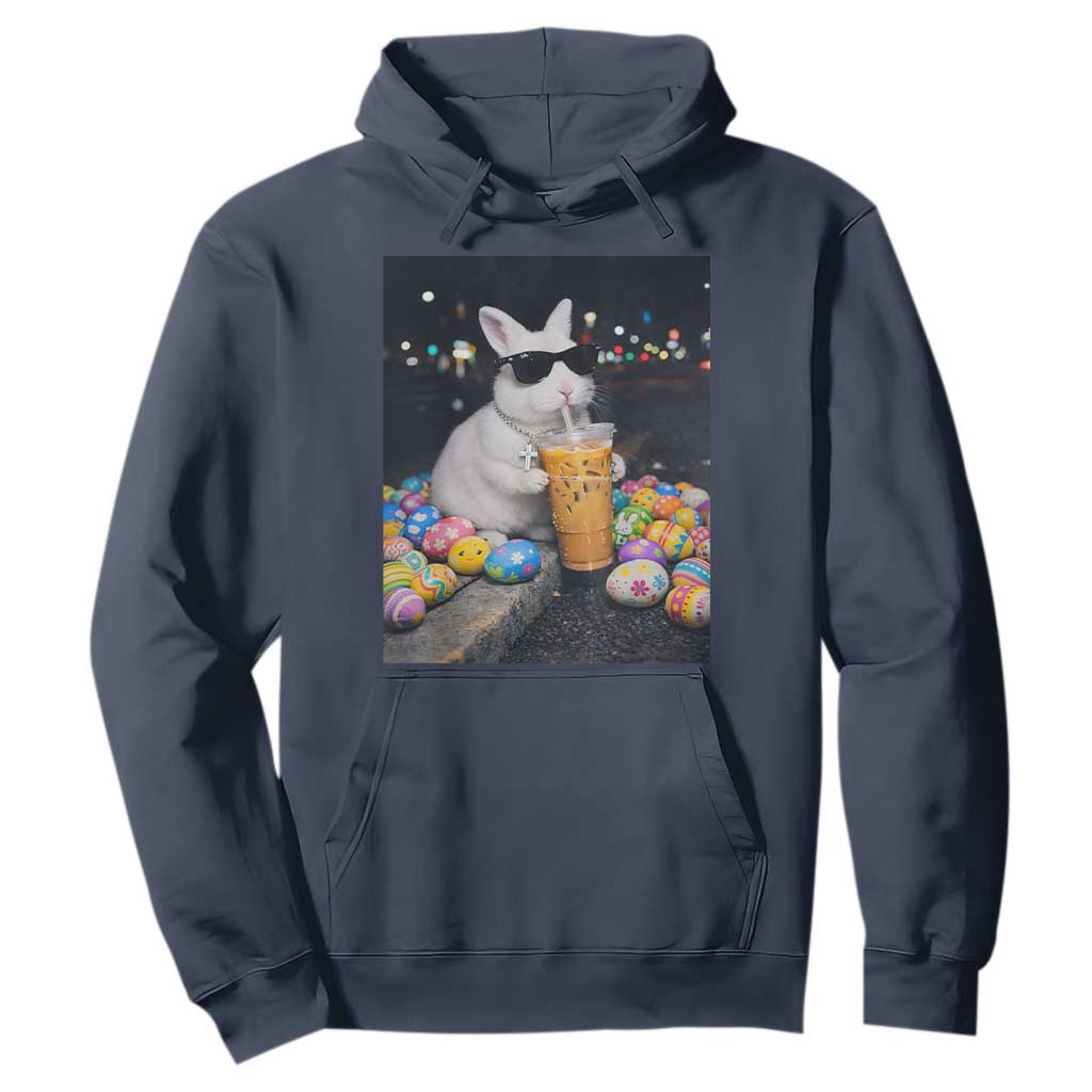 Cool Easter Bunny Drinking Iced Coffee Graphic Hoodie Funny Sunglasses Rabbit Spring Aesthetic TS02 Navy Print Your Wear