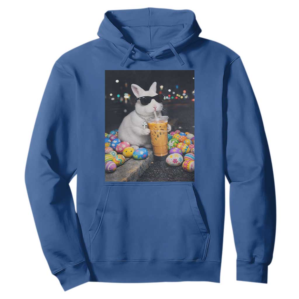 Cool Easter Bunny Drinking Iced Coffee Graphic Hoodie Funny Sunglasses Rabbit Spring Aesthetic TS02 Royal Blue Print Your Wear