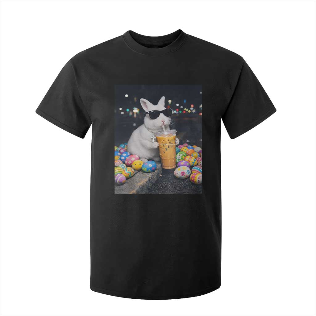 Cool Easter Bunny Drinking Iced Coffee Graphic T Shirt For Kid Funny Sunglasses Rabbit Spring Aesthetic TS02 Black Print Your Wear