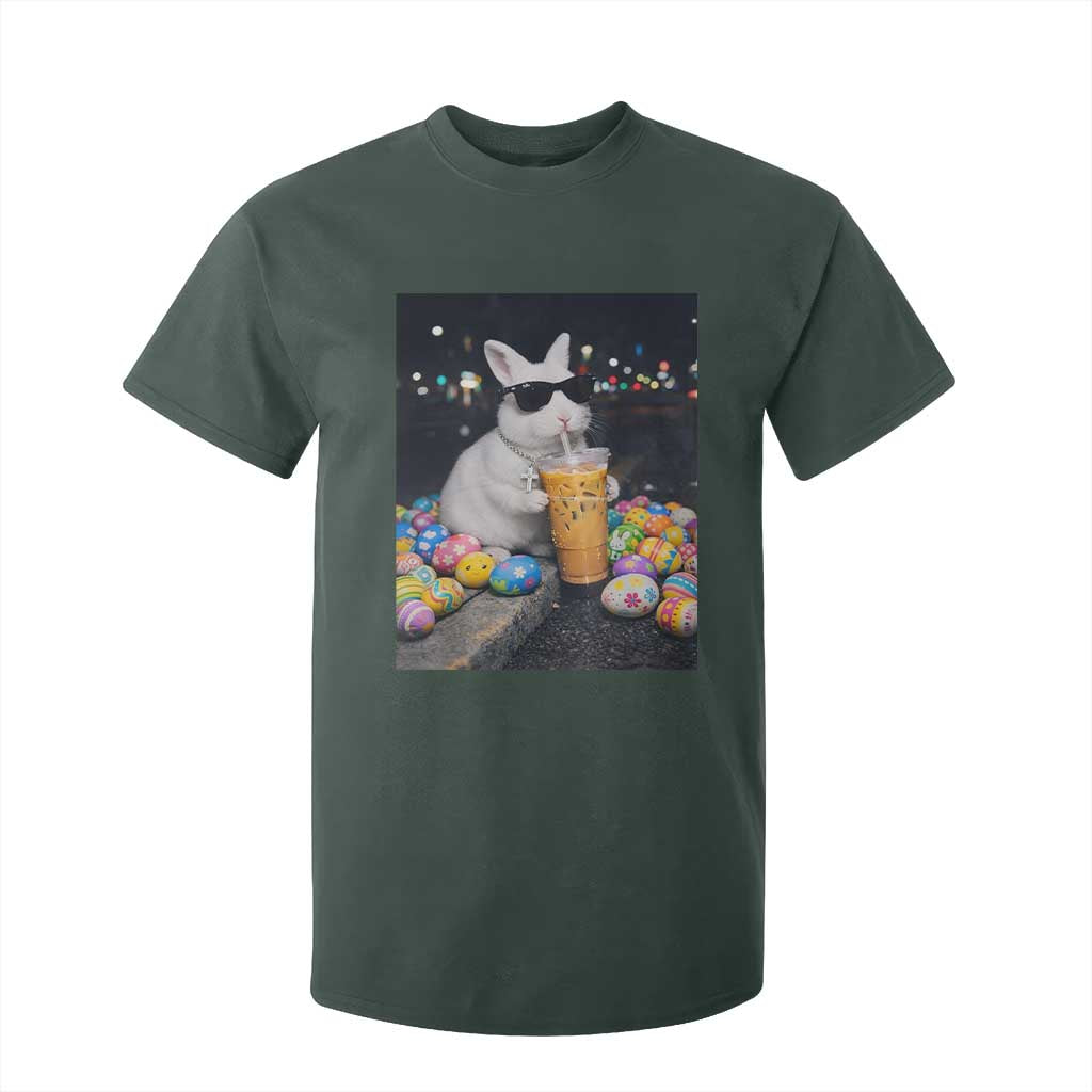 Cool Easter Bunny Drinking Iced Coffee Graphic T Shirt For Kid Funny Sunglasses Rabbit Spring Aesthetic TS02 Dark Forest Green Print Your Wear