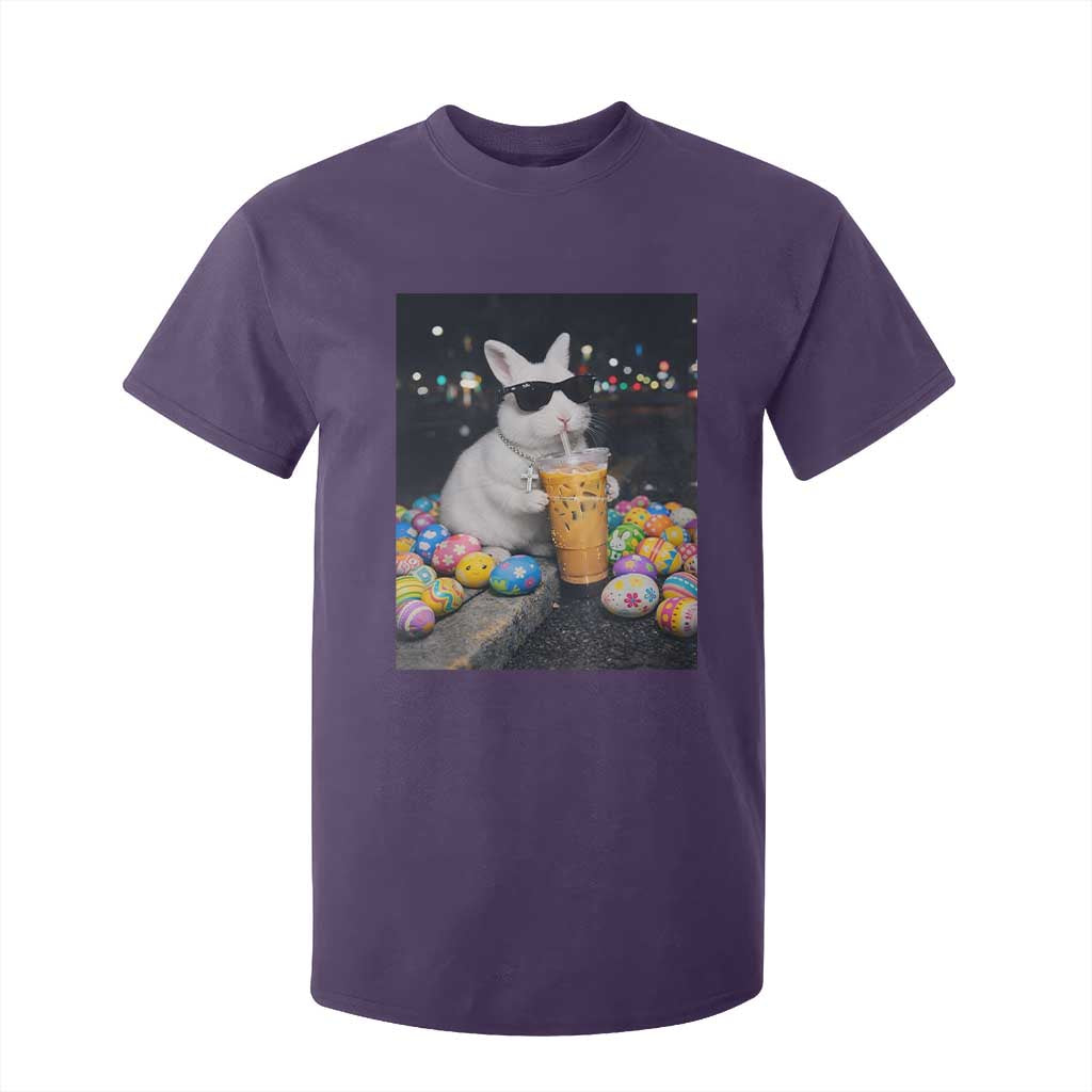 Cool Easter Bunny Drinking Iced Coffee Graphic T Shirt For Kid Funny Sunglasses Rabbit Spring Aesthetic TS02 Purple Print Your Wear