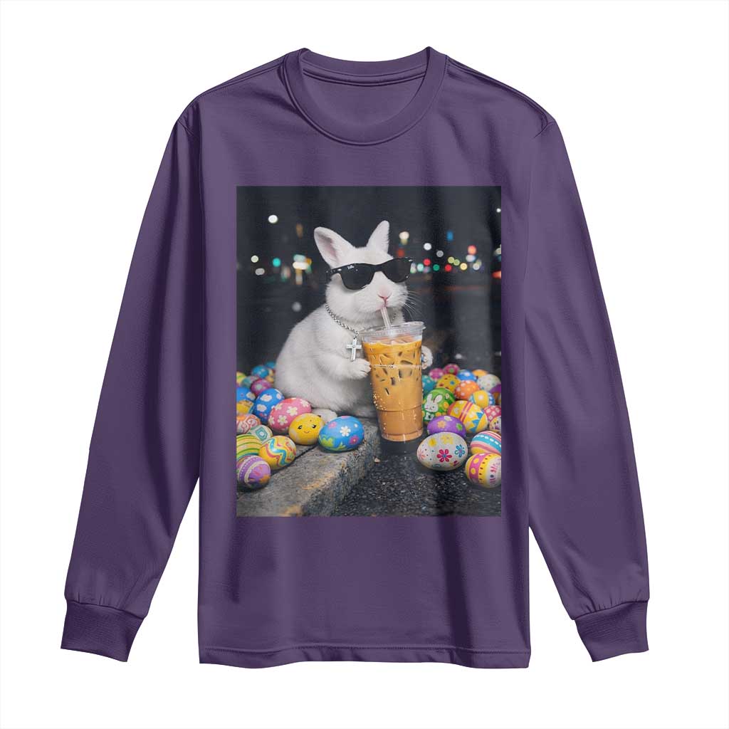 Cool Easter Bunny Drinking Iced Coffee Graphic Long Sleeve Shirt Funny Sunglasses Rabbit Spring Aesthetic TS02 Purple Print Your Wear