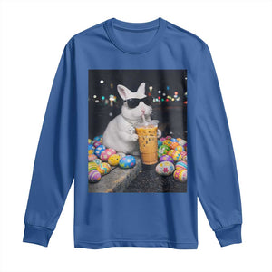Cool Easter Bunny Drinking Iced Coffee Graphic Long Sleeve Shirt Funny Sunglasses Rabbit Spring Aesthetic TS02 Royal Blue Print Your Wear
