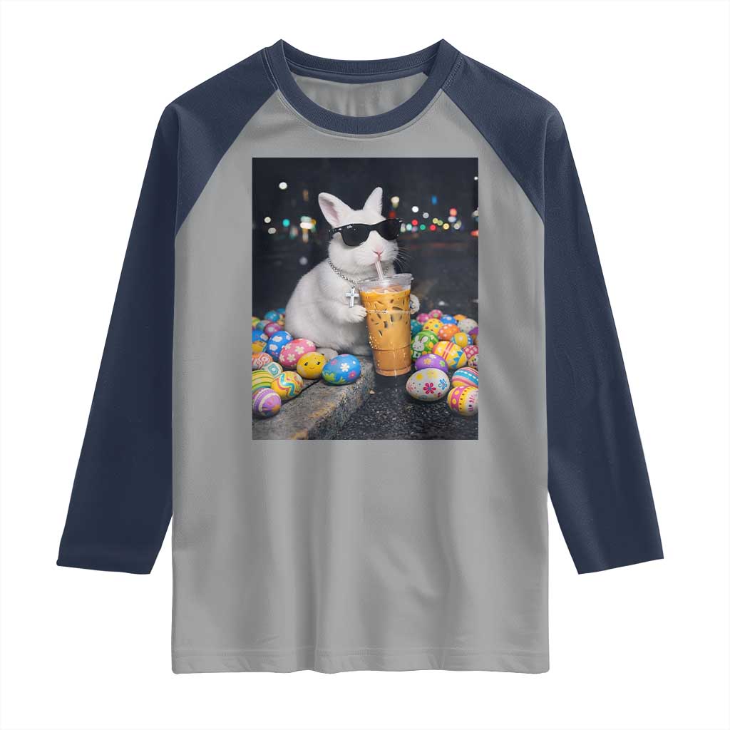 Cool Easter Bunny Drinking Iced Coffee Graphic Raglan Shirt Funny Sunglasses Rabbit Spring Aesthetic TS02 Sport Gray Navy Print Your Wear