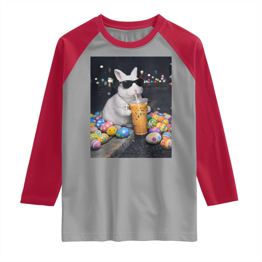 Cool Easter Bunny Drinking Iced Coffee Graphic Raglan Shirt Funny Sunglasses Rabbit Spring Aesthetic TS02 Sport Gray Red Print Your Wear