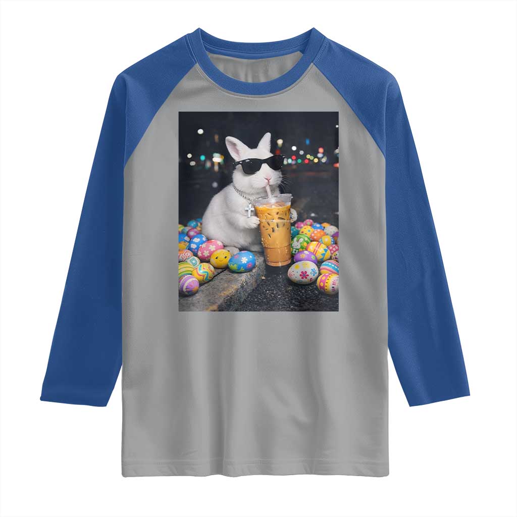 Cool Easter Bunny Drinking Iced Coffee Graphic Raglan Shirt Funny Sunglasses Rabbit Spring Aesthetic TS02 Sport Gray Royal Print Your Wear
