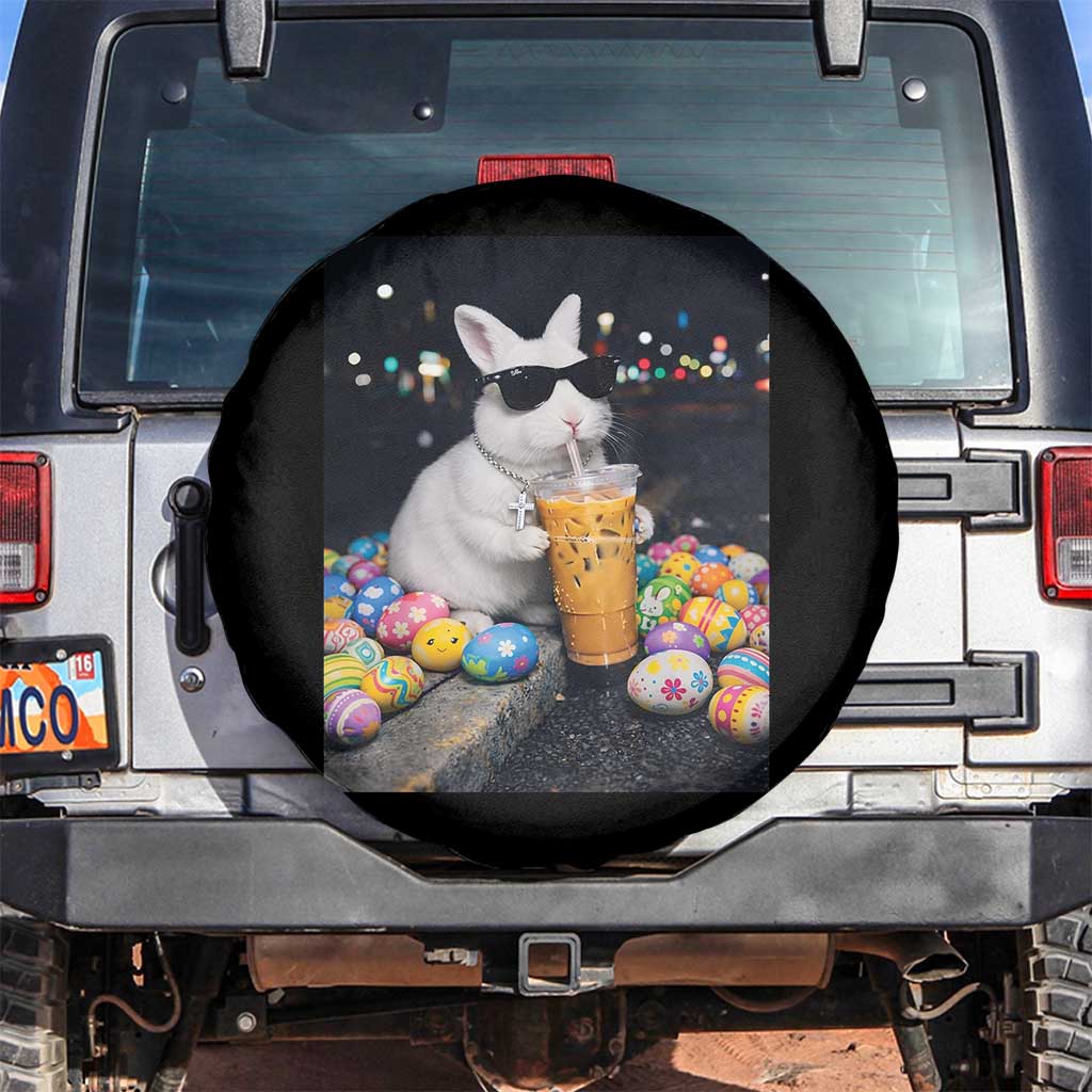 Cool Easter Bunny Drinking Iced Coffee Graphic Spare Tire Cover Funny Sunglasses Rabbit Spring Aesthetic TS02 No hole Black Print Your Wear