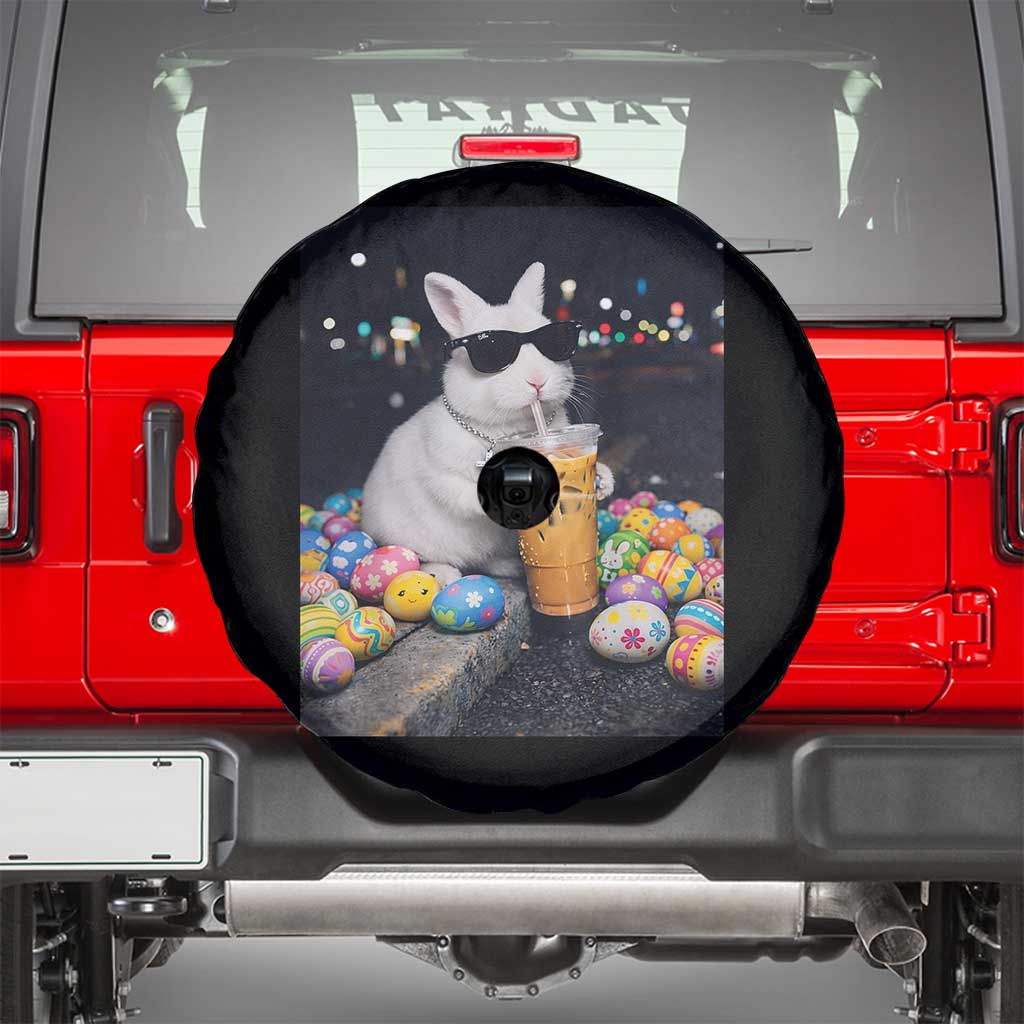 Cool Easter Bunny Drinking Iced Coffee Graphic Spare Tire Cover Funny Sunglasses Rabbit Spring Aesthetic TS02 Black Print Your Wear
