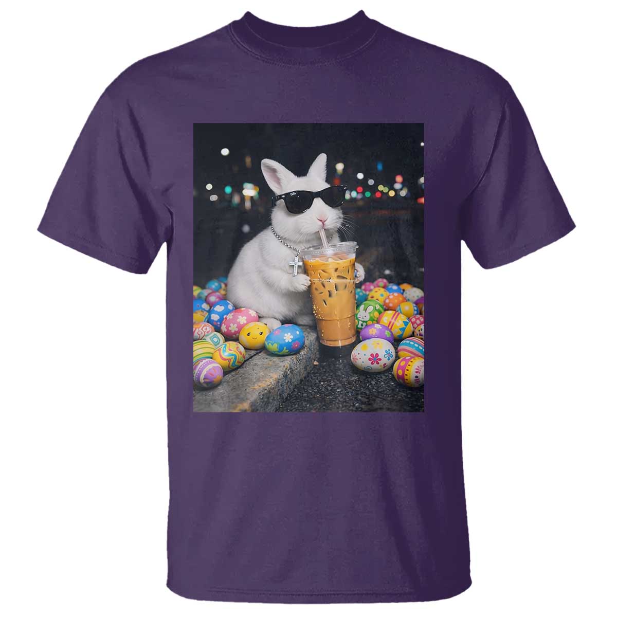 Cool Easter Bunny Drinking Iced Coffee Graphic T Shirt Funny Sunglasses Rabbit Spring Aesthetic TS02 Purple Print Your Wear