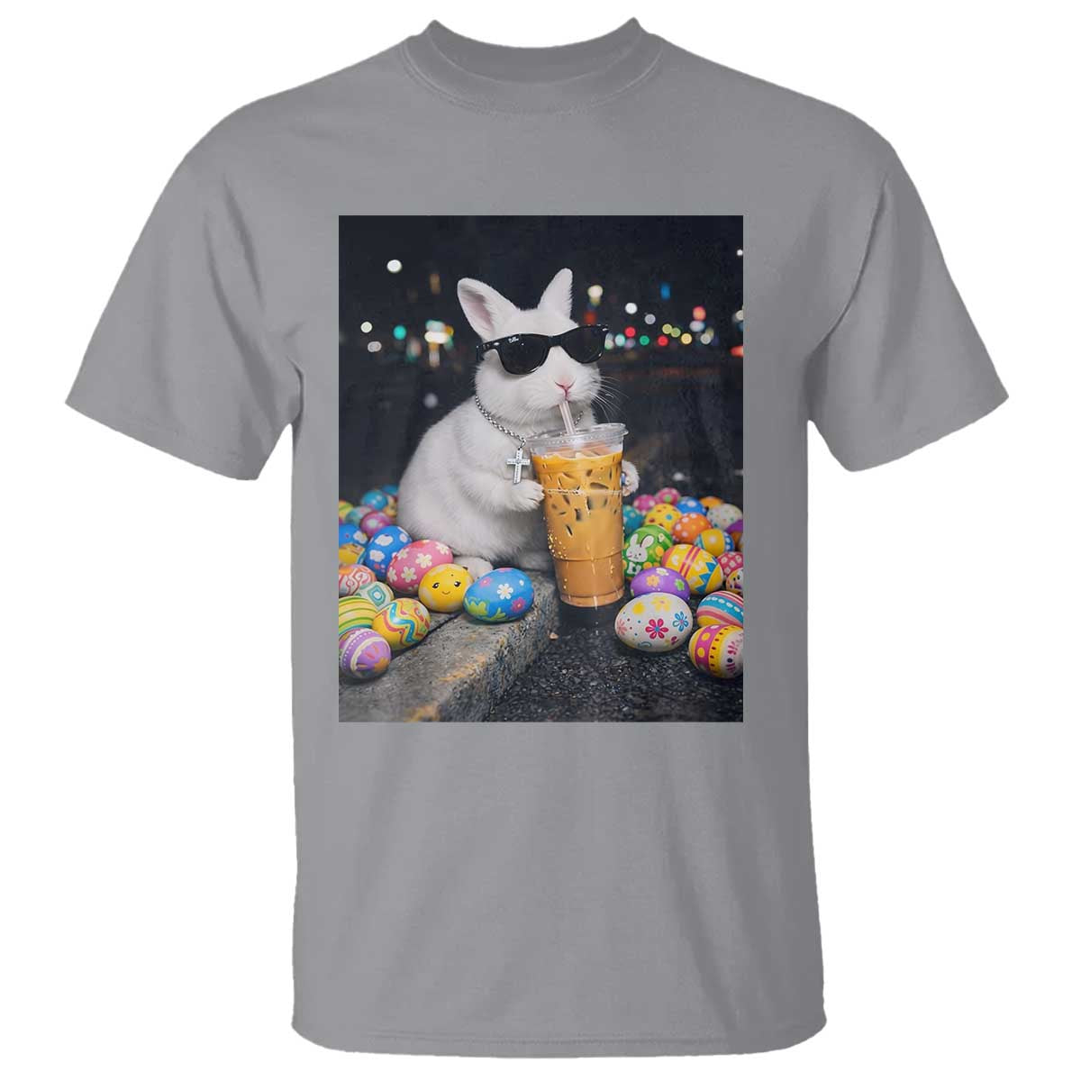 Cool Easter Bunny Drinking Iced Coffee Graphic T Shirt Funny Sunglasses Rabbit Spring Aesthetic TS02 Sport Gray Print Your Wear