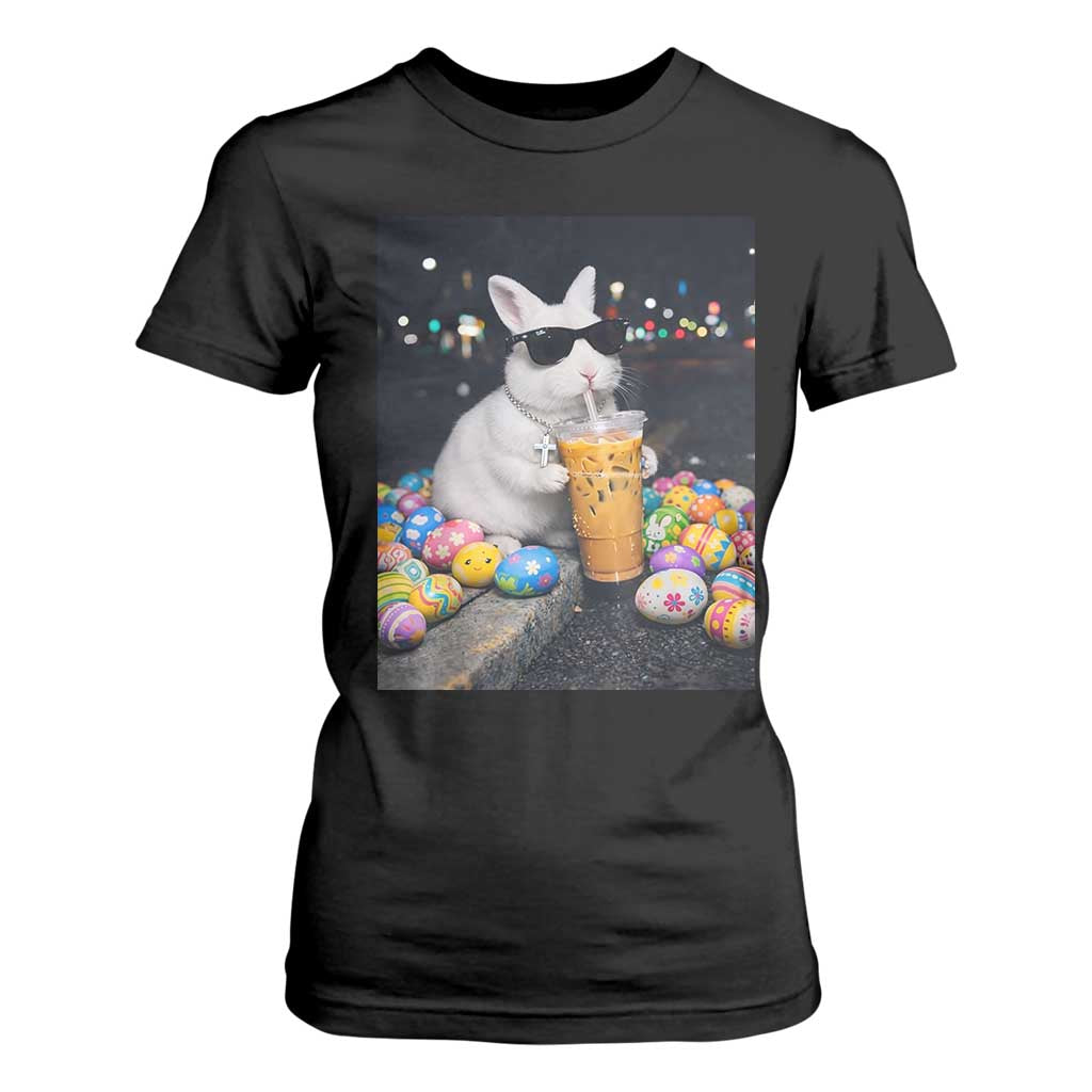 Cool Easter Bunny Drinking Iced Coffee Graphic T Shirt For Women Funny Sunglasses Rabbit Spring Aesthetic TS02 Black Print Your Wear