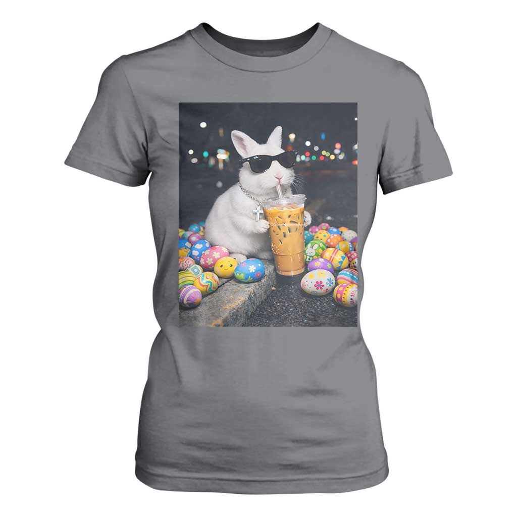 Cool Easter Bunny Drinking Iced Coffee Graphic T Shirt For Women Funny Sunglasses Rabbit Spring Aesthetic TS02 Charcoal Print Your Wear