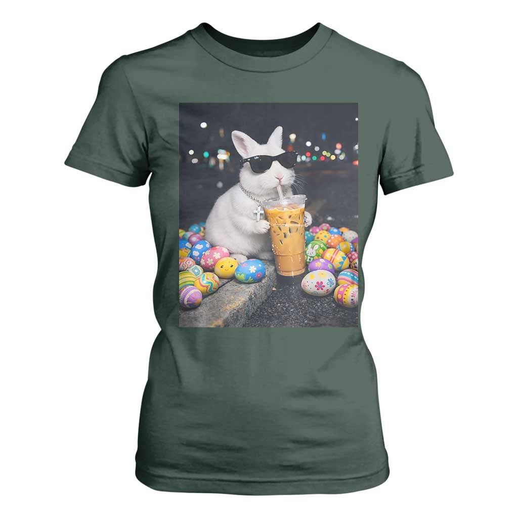 Cool Easter Bunny Drinking Iced Coffee Graphic T Shirt For Women Funny Sunglasses Rabbit Spring Aesthetic TS02 Dark Forest Green Print Your Wear