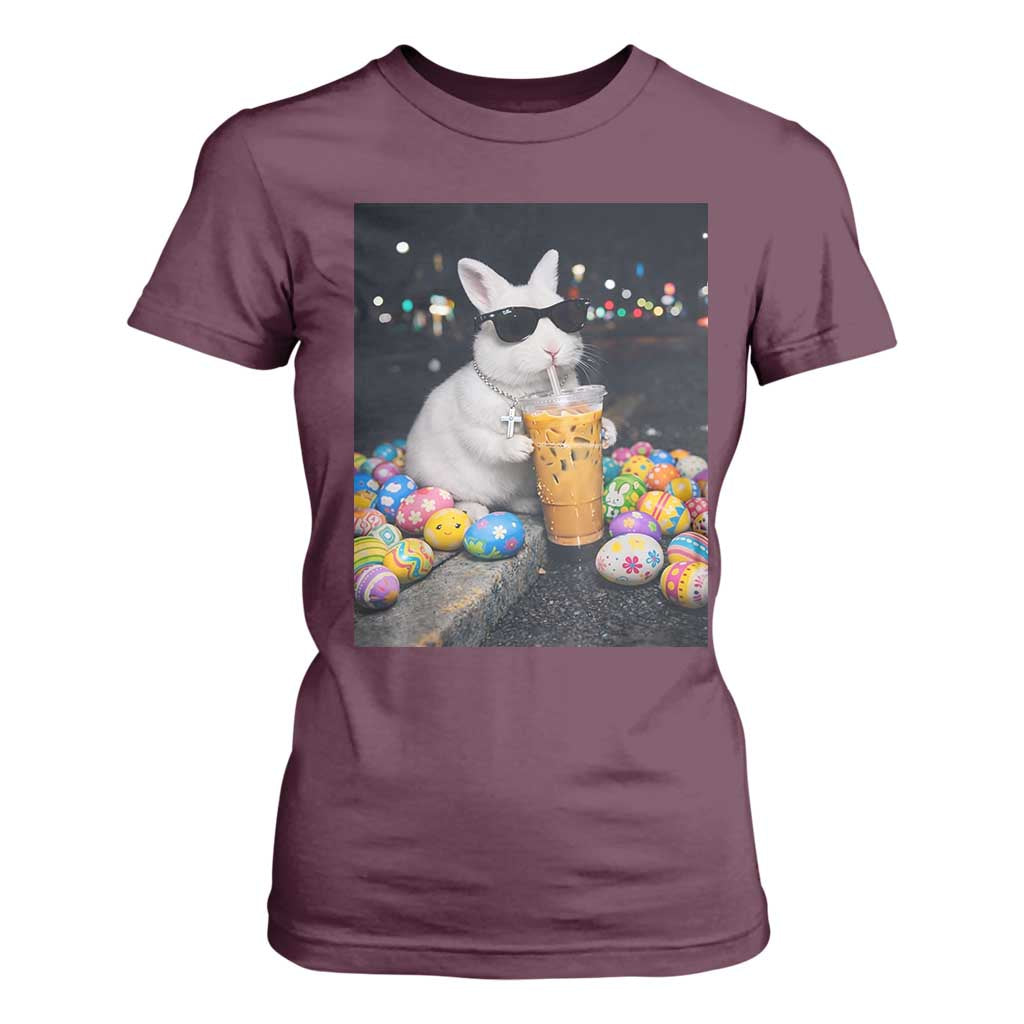 Cool Easter Bunny Drinking Iced Coffee Graphic T Shirt For Women Funny Sunglasses Rabbit Spring Aesthetic TS02 Maroon Print Your Wear