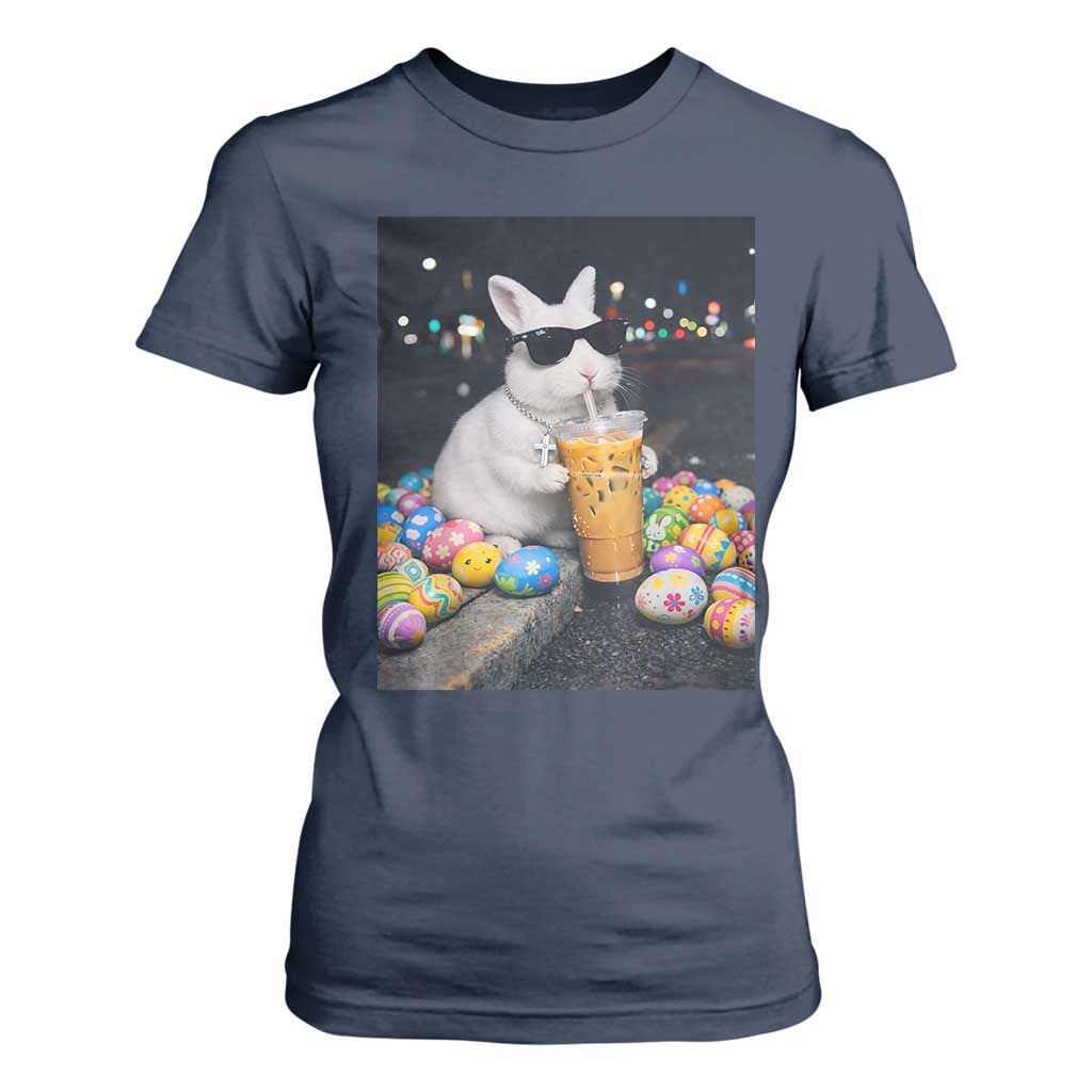 Cool Easter Bunny Drinking Iced Coffee Graphic T Shirt For Women Funny Sunglasses Rabbit Spring Aesthetic TS02 Navy Print Your Wear