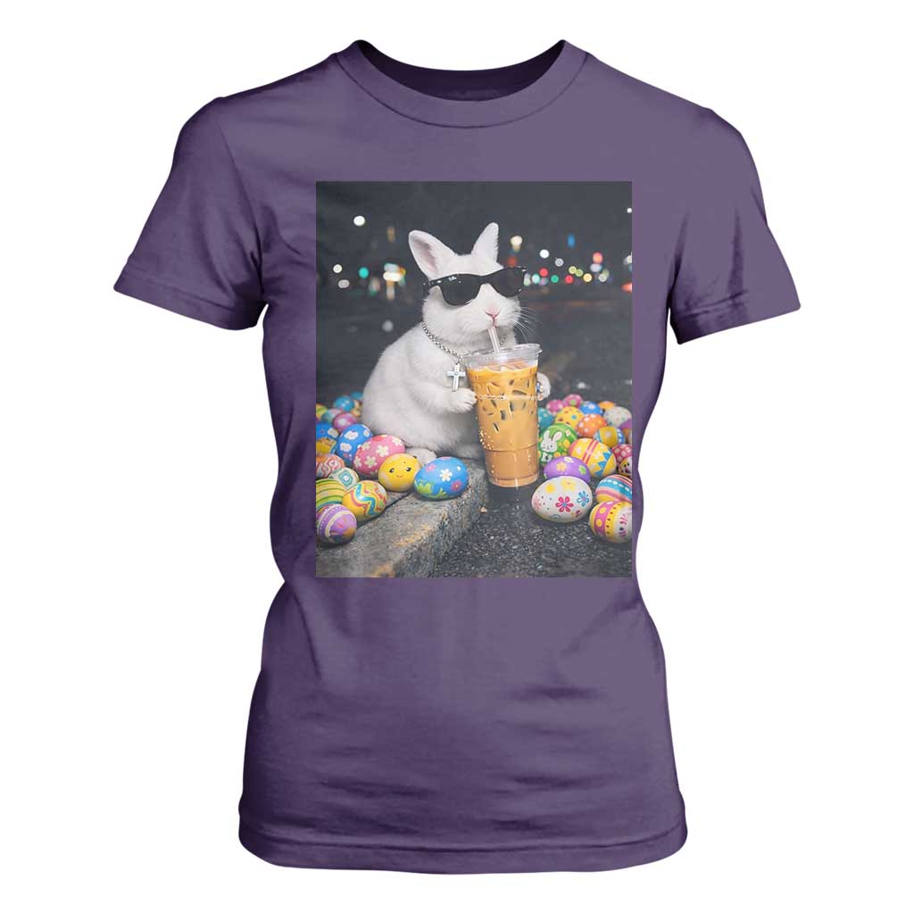Cool Easter Bunny Drinking Iced Coffee Graphic T Shirt For Women Funny Sunglasses Rabbit Spring Aesthetic TS02 Purple Print Your Wear