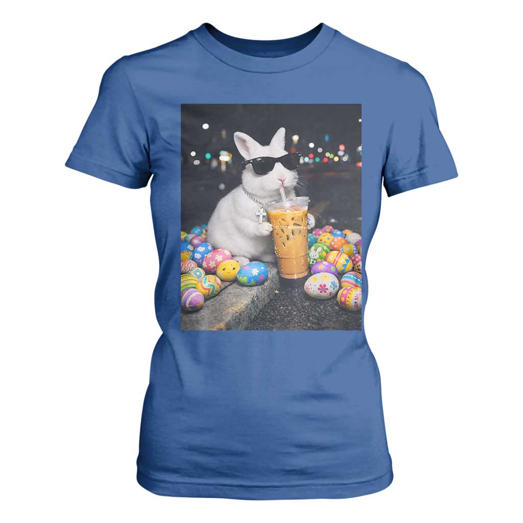 Cool Easter Bunny Drinking Iced Coffee Graphic T Shirt For Women Funny Sunglasses Rabbit Spring Aesthetic TS02 Royal Blue Print Your Wear