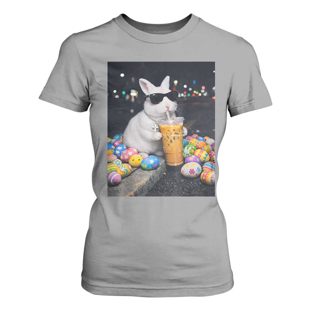Cool Easter Bunny Drinking Iced Coffee Graphic T Shirt For Women Funny Sunglasses Rabbit Spring Aesthetic TS02 Sport Gray Print Your Wear
