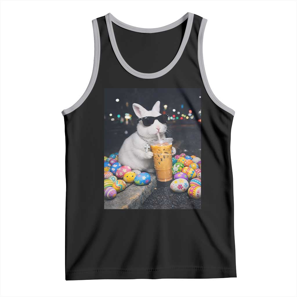 Cool Easter Bunny Drinking Iced Coffee Graphic Tank Top Funny Sunglasses Rabbit Spring Aesthetic TS02 Black Athletic Heather Print Your Wear