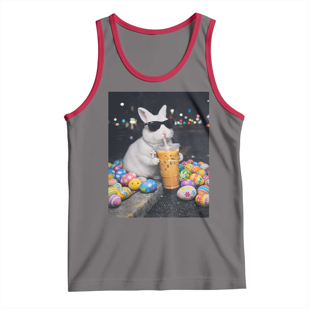 Cool Easter Bunny Drinking Iced Coffee Graphic Tank Top Funny Sunglasses Rabbit Spring Aesthetic TS02 Deep Heather Red Print Your Wear
