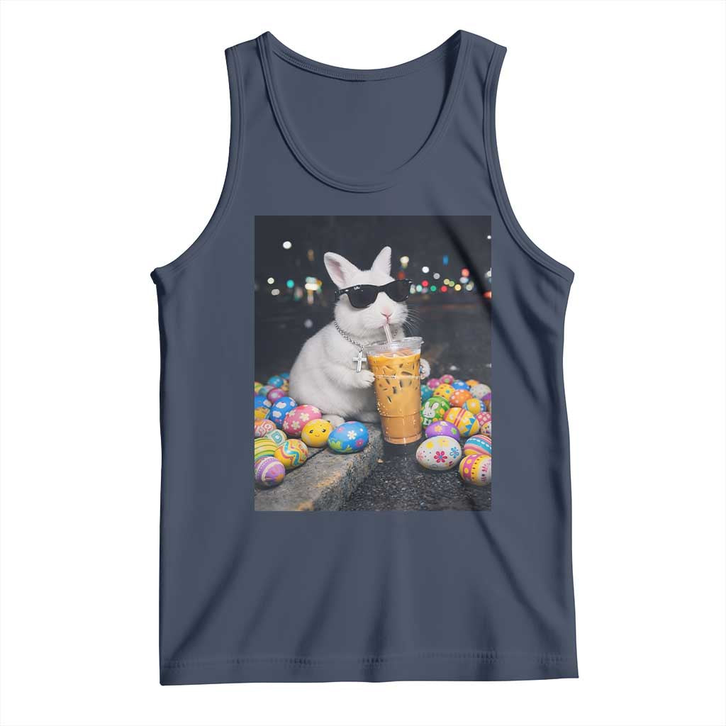 Cool Easter Bunny Drinking Iced Coffee Graphic Tank Top Funny Sunglasses Rabbit Spring Aesthetic TS02 Navy Print Your Wear