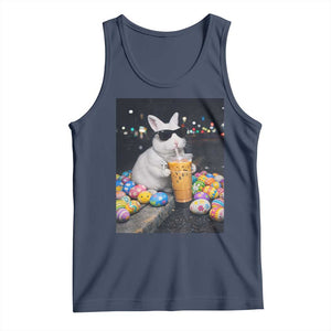 Cool Easter Bunny Drinking Iced Coffee Graphic Tank Top Funny Sunglasses Rabbit Spring Aesthetic TS02 Navy Print Your Wear