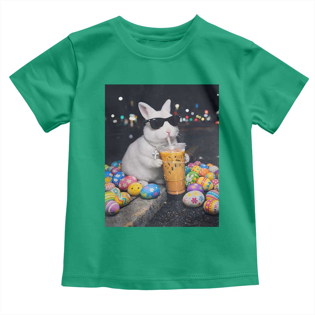 Cool Easter Bunny Drinking Iced Coffee Graphic Toddler T Shirt Funny Sunglasses Rabbit Spring Aesthetic TS02 Irish Green Print Your Wear