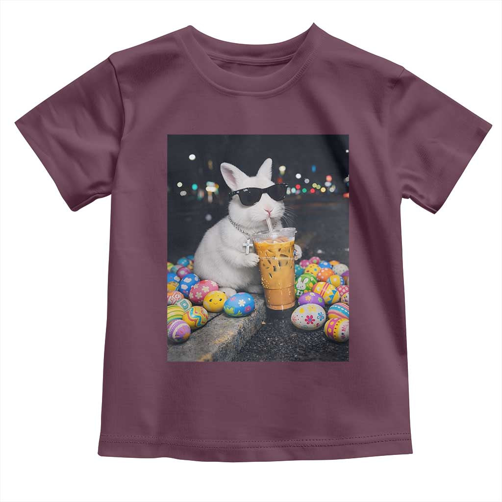 Cool Easter Bunny Drinking Iced Coffee Graphic Toddler T Shirt Funny Sunglasses Rabbit Spring Aesthetic TS02 Maroon Print Your Wear