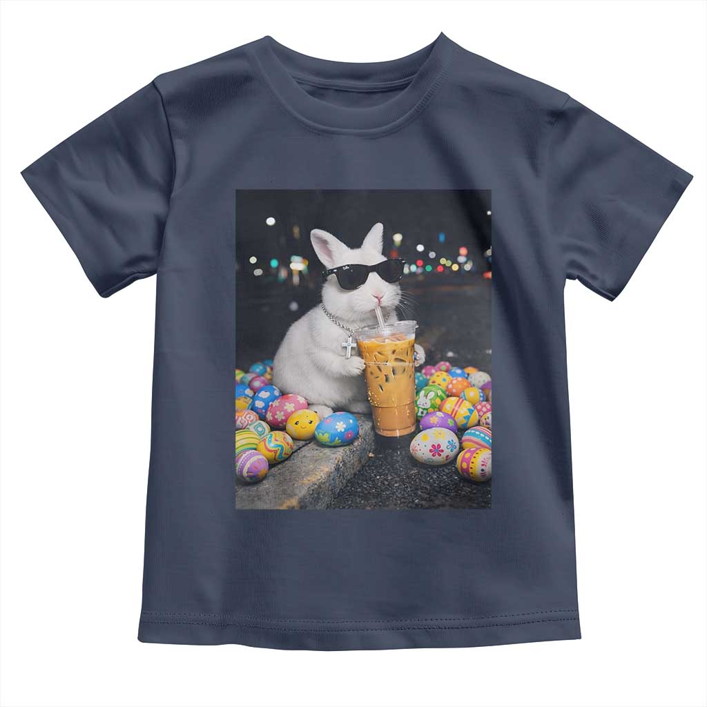 Cool Easter Bunny Drinking Iced Coffee Graphic Toddler T Shirt Funny Sunglasses Rabbit Spring Aesthetic TS02 Navy Print Your Wear