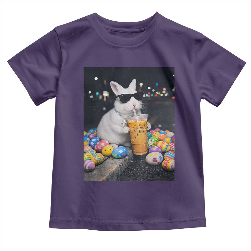 Cool Easter Bunny Drinking Iced Coffee Graphic Toddler T Shirt Funny Sunglasses Rabbit Spring Aesthetic TS02 Purple Print Your Wear