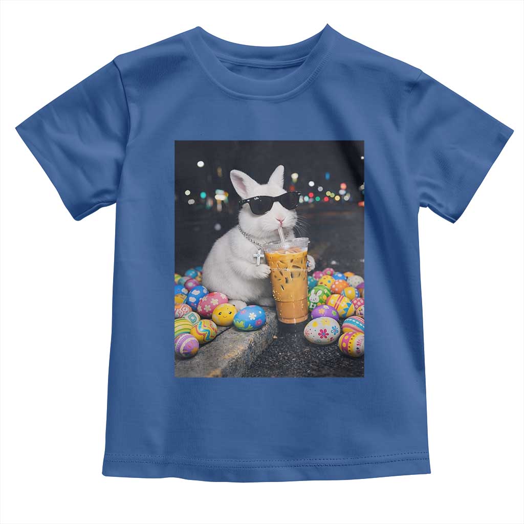 Cool Easter Bunny Drinking Iced Coffee Graphic Toddler T Shirt Funny Sunglasses Rabbit Spring Aesthetic TS02 Royal Blue Print Your Wear