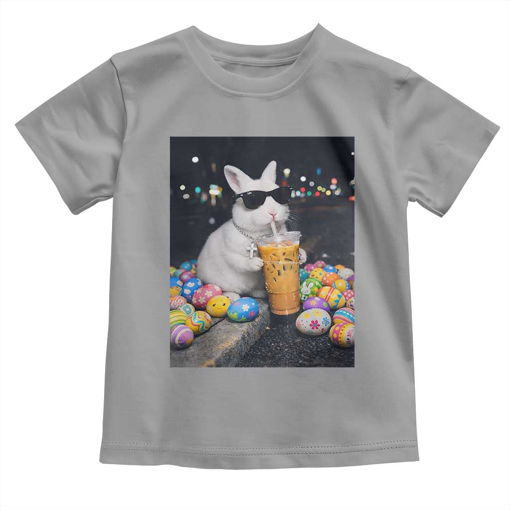 Cool Easter Bunny Drinking Iced Coffee Graphic Toddler T Shirt Funny Sunglasses Rabbit Spring Aesthetic TS02 Sport Gray Print Your Wear