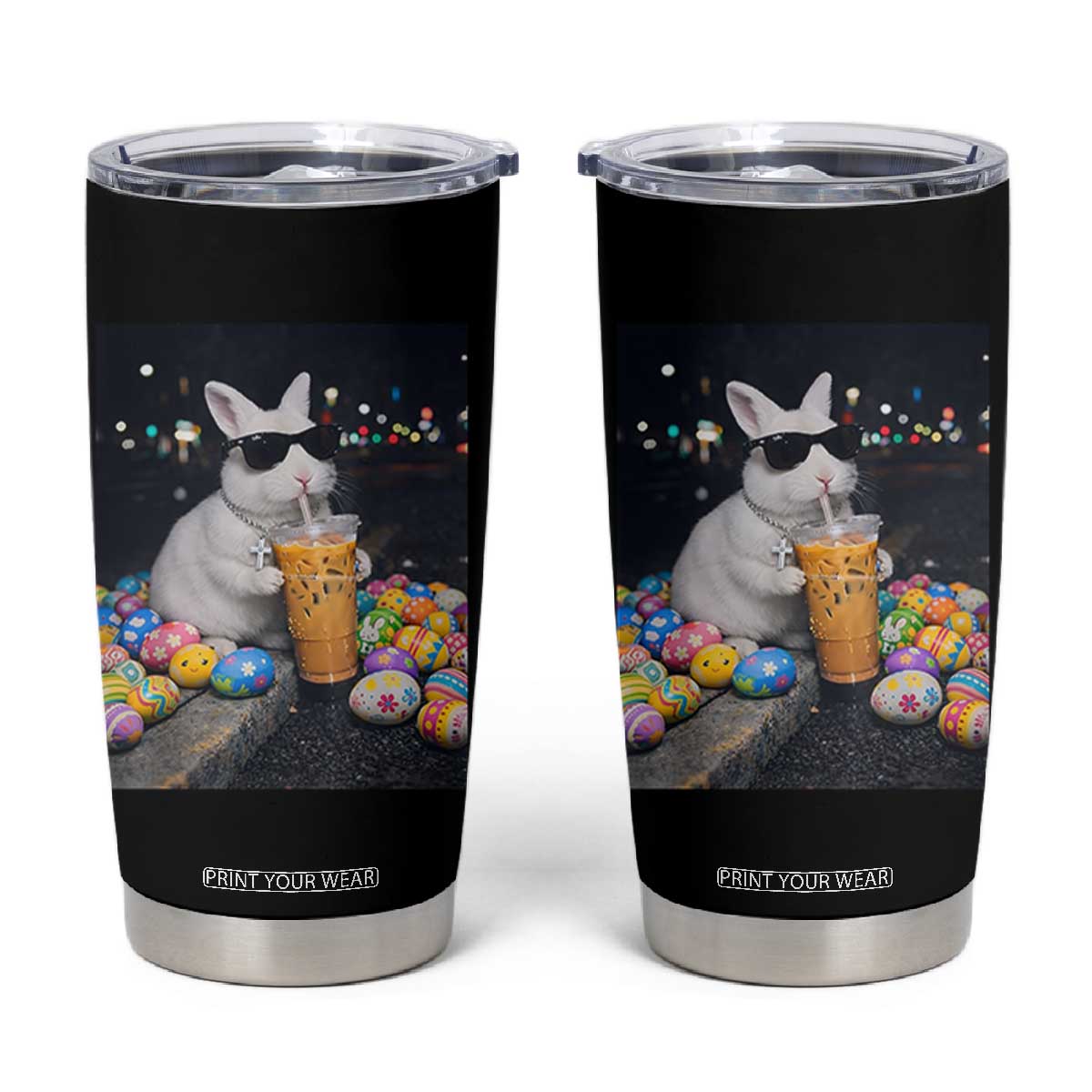 Cool Easter Bunny Drinking Iced Coffee Graphic Tumbler Cup Funny Sunglasses Rabbit Spring Aesthetic TS02 Black Print Your Wear