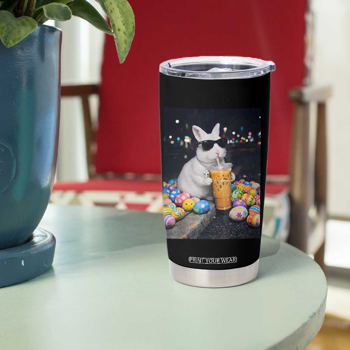 Cool Easter Bunny Drinking Iced Coffee Graphic Tumbler Cup Funny Sunglasses Rabbit Spring Aesthetic TS02 Print Your Wear