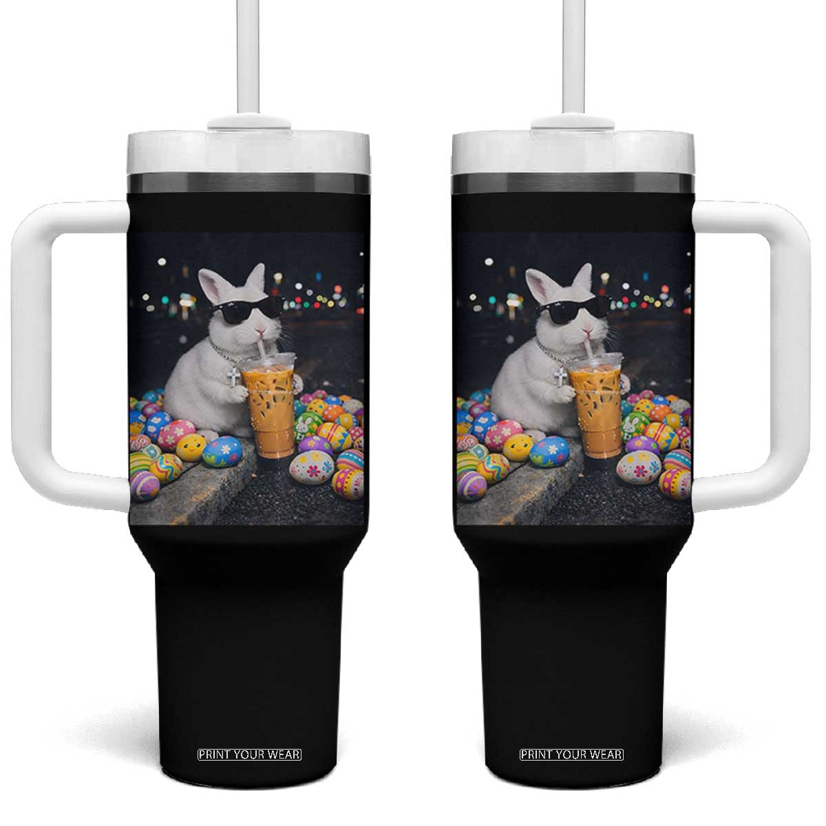 Cool Easter Bunny Drinking Iced Coffee Graphic Tumbler With Handle Funny Sunglasses Rabbit Spring Aesthetic TS02 One Size: 40 oz Black Print Your Wear