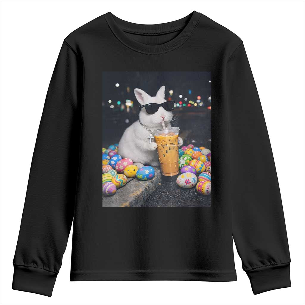 Cool Easter Bunny Drinking Iced Coffee Graphic Youth Sweatshirt Funny Sunglasses Rabbit Spring Aesthetic TS02 Black Print Your Wear