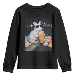 Cool Easter Bunny Drinking Iced Coffee Graphic Youth Sweatshirt Funny Sunglasses Rabbit Spring Aesthetic TS02 Black Print Your Wear