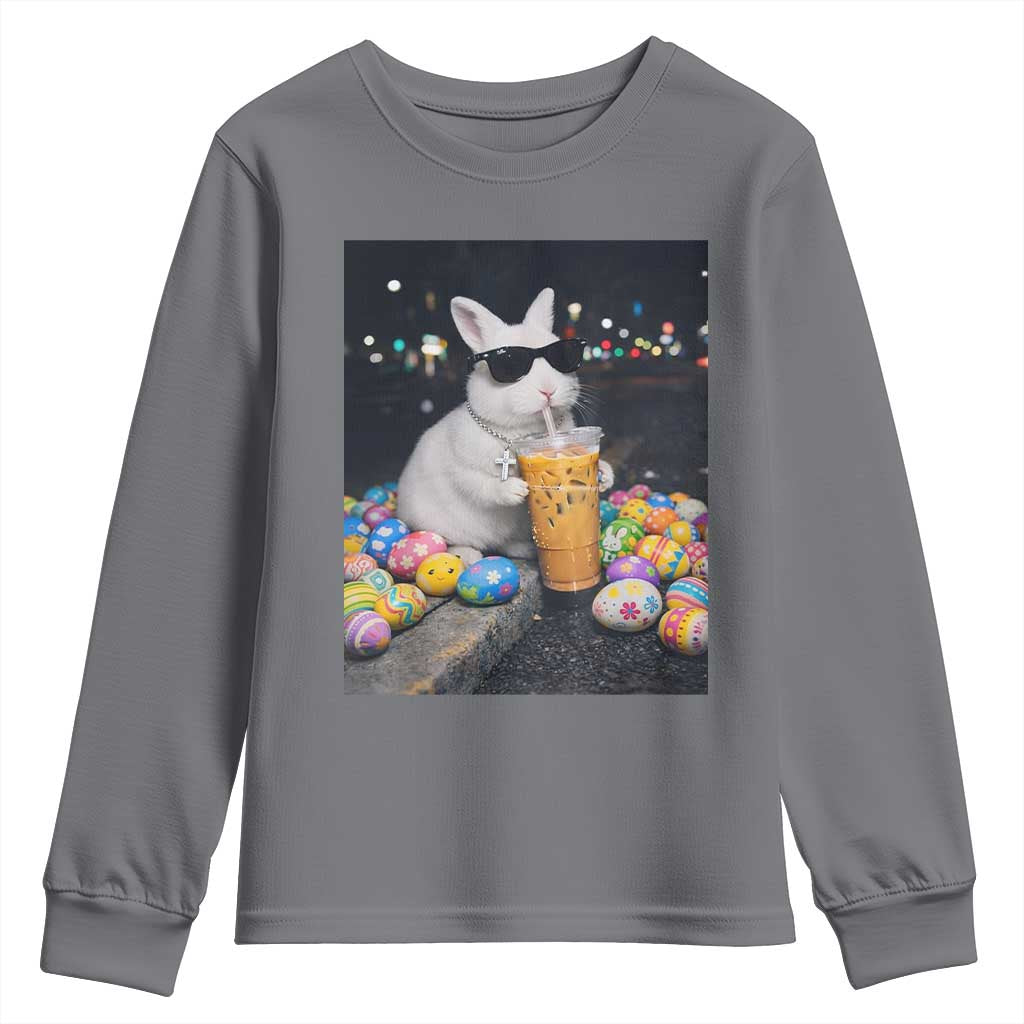 Cool Easter Bunny Drinking Iced Coffee Graphic Youth Sweatshirt Funny Sunglasses Rabbit Spring Aesthetic TS02 Charcoal Print Your Wear