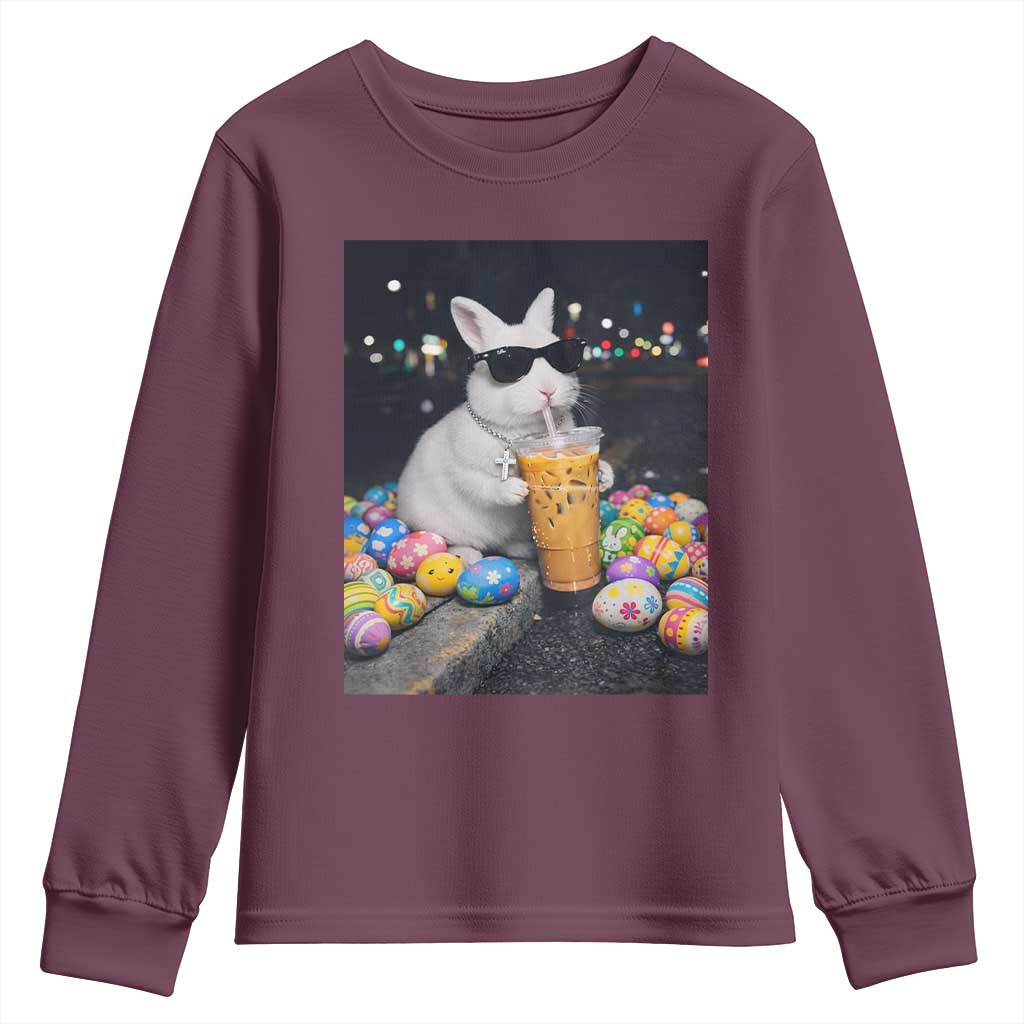 Cool Easter Bunny Drinking Iced Coffee Graphic Youth Sweatshirt Funny Sunglasses Rabbit Spring Aesthetic TS02 Maroon Print Your Wear