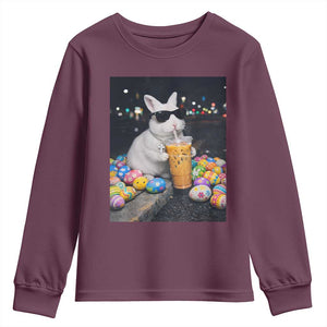 Cool Easter Bunny Drinking Iced Coffee Graphic Youth Sweatshirt Funny Sunglasses Rabbit Spring Aesthetic TS02 Maroon Print Your Wear