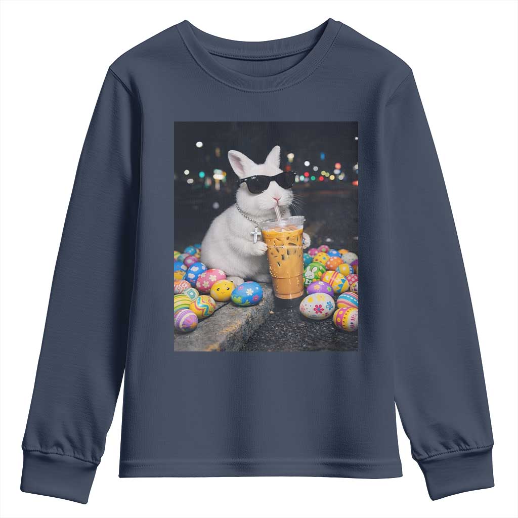 Cool Easter Bunny Drinking Iced Coffee Graphic Youth Sweatshirt Funny Sunglasses Rabbit Spring Aesthetic TS02 Navy Print Your Wear