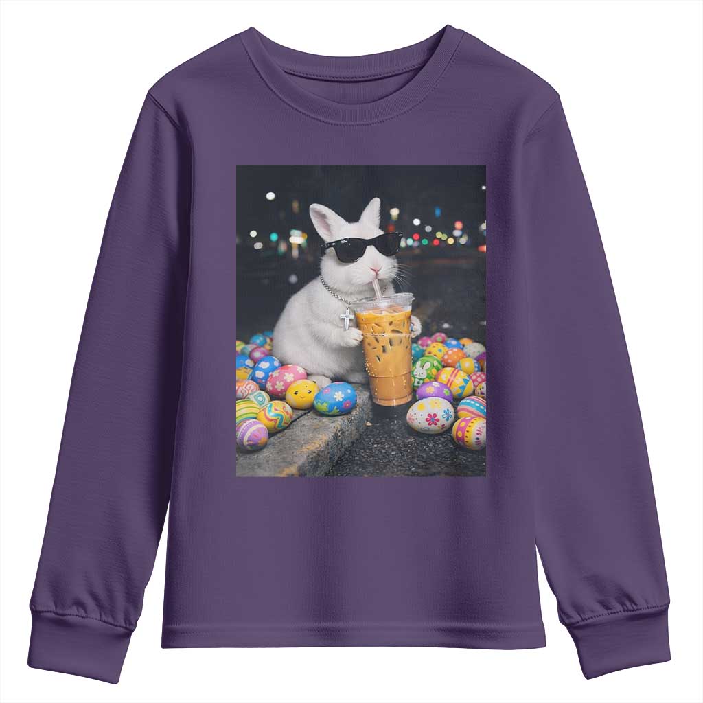 Cool Easter Bunny Drinking Iced Coffee Graphic Youth Sweatshirt Funny Sunglasses Rabbit Spring Aesthetic TS02 Purple Print Your Wear