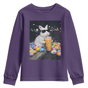 Cool Easter Bunny Drinking Iced Coffee Graphic Youth Sweatshirt Funny Sunglasses Rabbit Spring Aesthetic TS02 Purple Print Your Wear
